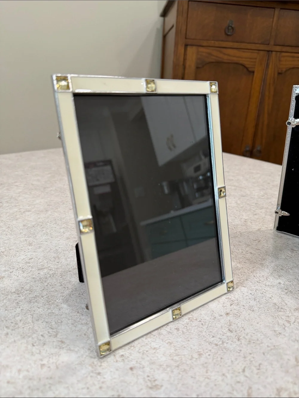 SET OF 2 HEZE BAISHIDA 5 x 7 IVORY ENAMEL & LIGHT TOPAZ CRYSTAL PICTURE FRAMES